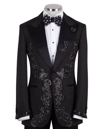 Black Crystal Embellished Tuxedo Jacket