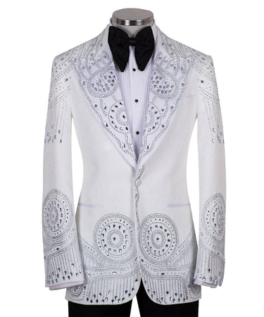 White Crystal Embellished Tuxedo Jacket