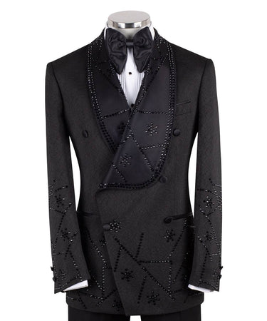 Black Embellished Double-Breasted Shawl Tuxedo