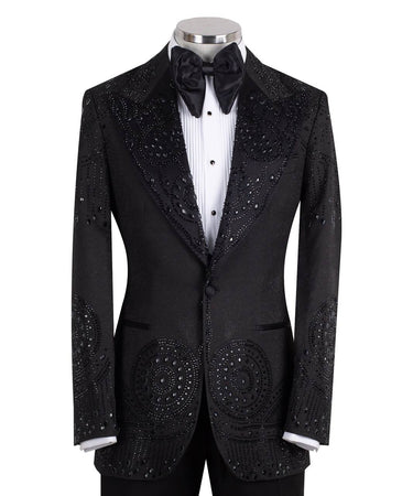 Black Embellished Peak Lapel Tuxedo Jacket