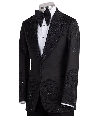 Black Embellished Peak Lapel Tuxedo Jacket