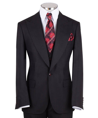 Black wool blend three-piece suit for men with jacket, vest, and trousers