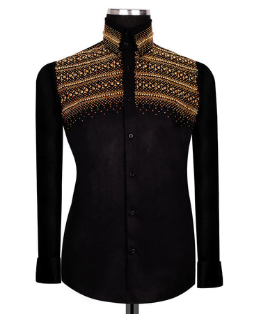 Classic Stone Detail Black Shirt - HandCrafted Shirts | Black Tuxedo Style