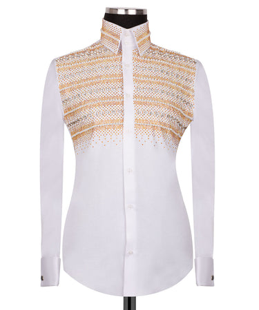Elegant White Shirt with Gold and Silver Stone Details - HandCrafted Shirts | Black Tuxedo Style