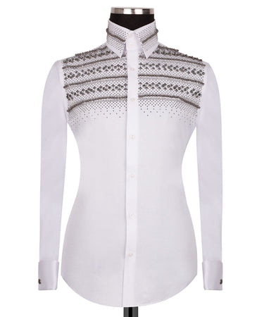 Elegant White Shirt with Silver Stone Details - HandCrafted Shirts | Black Tuxedo Style