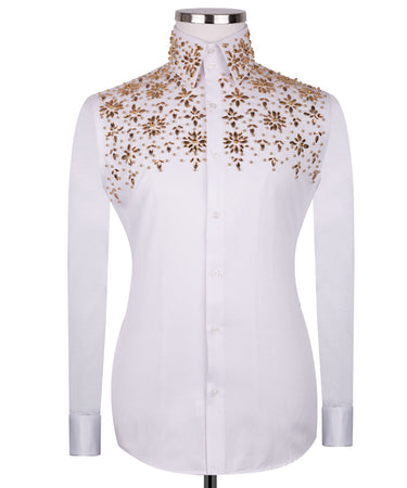 White Shirt with Gold Stone Floral Details - HandCrafted Shirts | Black Tuxedo Style