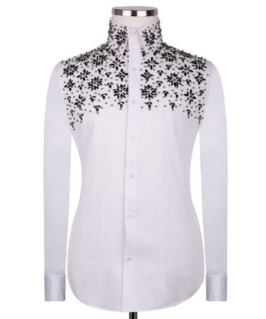 White Shirt with Black Stone Floral Details - HandCrafted Shirts | Black Tuxedo Style