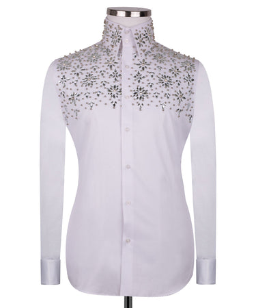 White Shirt with Silver Stone Floral Details - HandCrafted Shirts | Black Tuxedo Style