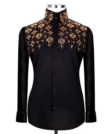 Black Shirt with Black Stone Floral Details - HandCrafted Shirts | Black Tuxedo Style