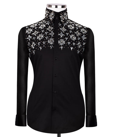 Black Shirt with White Stone Floral Details - HandCrafted Shirts | Black Tuxedo Style