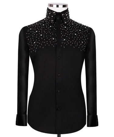 Black Shirt with Black Stone Floral Details - HandCrafted Shirts | Black Tuxedo Style