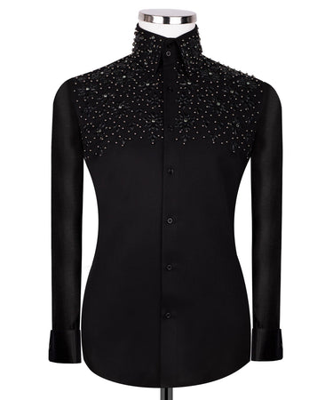 Black Shirt with Black Stone Floral Details - HandCrafted Shirts | Black Tuxedo Style