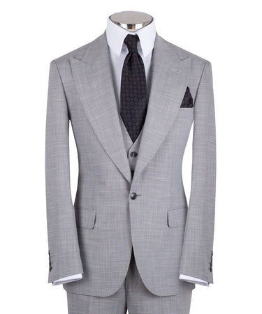 Light grey wool blend three-piece suit for men with jacket, vest, and trousers