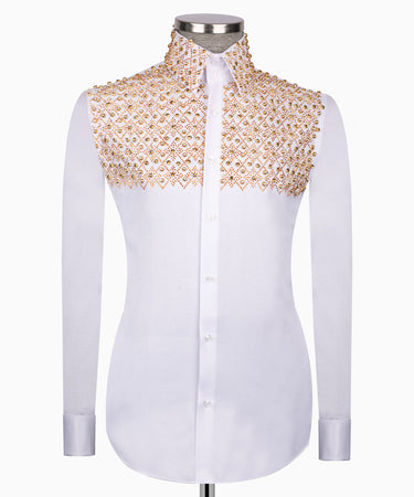 Elegant White Shirt with Geometric Pattern and Stone Gold Details - HandCrafted Shirts | Black Tuxedo Style