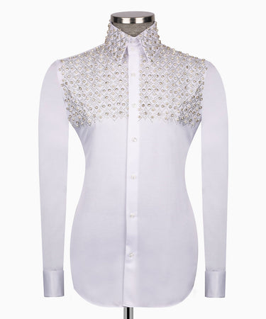 Elegant White Shirt with Geometric Pattern and Stone Details - HandCrafted Shirts | Black Tuxedo Style