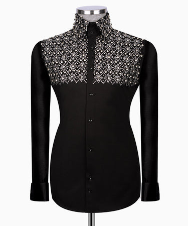 Elegant Black Shirt with Geometric Pattern and Stone Silver Details - HandCrafted Shirts | Black Tuxedo Style