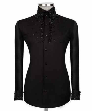 Black Shirt with Black Stone Vertical Stripe Details - HandCrafted Shirts | Black Tuxedo Style
