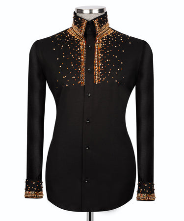 Black Shirt with Gold Stone Vertical Stripe Details - HandCrafted Shirts | Black Tuxedo Style