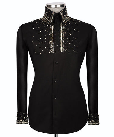 Black Shirt with Silver Stone Vertical Stripe Details - HandCrafted Shirts | Black Tuxedo Style
