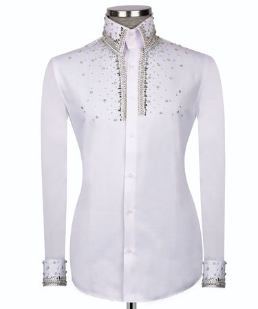 Elegant White Shirt with Sİlver Stone Vertical Stripe Details - HandCrafted Shirts | Black Tuxedo Style