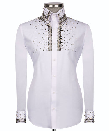 Elegant White Shirt with Sİlver Stone Vertical Stripe Details - HandCrafted Shirts | Black Tuxedo Style