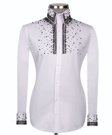 Elegant White Shirt with Black Stone Vertical Stripe Details - HandCrafted Shirts | Black Tuxedo Style