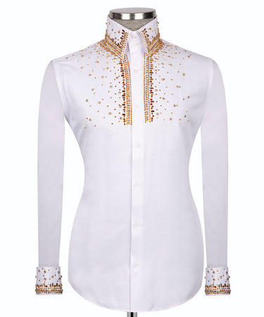 Elegant White Shirt with Gold Stone Vertical Stripe Details - HandCrafted Shirts | Black Tuxedo Style