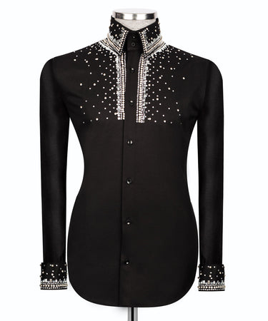 Elegant Black Shirt with Silver Stone Vertical Stripe Details - HandCrafted Shirts | Black Tuxedo Style
