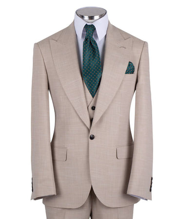 Sand wool blend three-piece suit for men with jacket, vest, and trousers