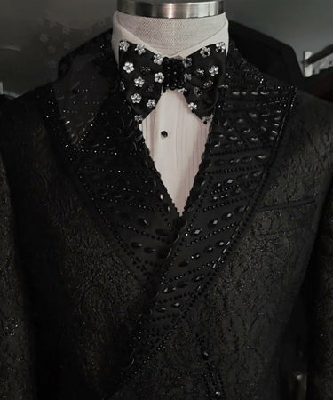 Black Floral Jacquard Marquise-Crystal Silk-Satin Double-Breasted Tuxedo — Hand-Set Crystal & Silk-Satin Peak Lapel Detail |