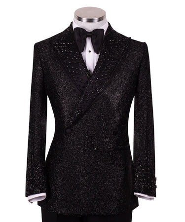 Black Shimmer Crystal-Embellished Silk-Satin Double-Breasted Tuxedo — Drop 6 Regular Fit Silk-Satin Full Silhouette | BTS Bes