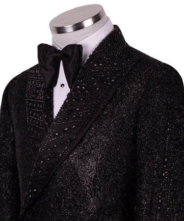 Black Shimmer Crystal-Embellished Silk-Satin Double-Breasted Tuxedo — Istanbul Atelier Artisanal Stone Work View | BTS Bespok