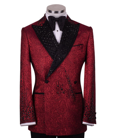 Crimson Burgundy & Black Crystal Silk-Satin Jacquard Double-Breasted Tuxedo — Drop 6 Regular Fit Silk-Satin Full Silhouette |