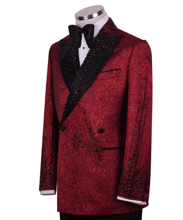 Crimson Burgundy & Black Crystal Silk-Satin Jacquard Double-Breasted Tuxedo — Hand-Set Crystal & Silk-Satin Peak Lapel Detail