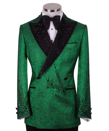Emerald Green & Black Crystal Silk-Satin Jacquard Double-Breasted Tuxedo — Drop 6 Regular Fit Silk-Satin Full Silhouette | BT
