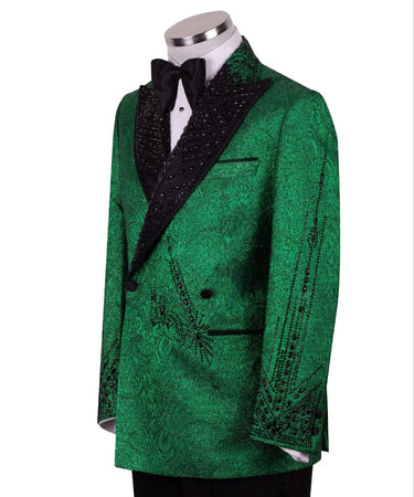 Emerald Green & Black Crystal Silk-Satin Jacquard Double-Breasted Tuxedo — Hand-Set Crystal & Silk-Satin Peak Lapel Detail |