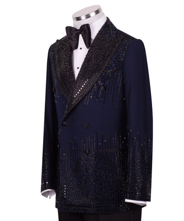 Midnight Navy & Black Crystal Silk-Satin Double-Breasted Tuxedo — Drop 6 Regular Fit Silk-Satin Full Silhouette | BTS Bespoke