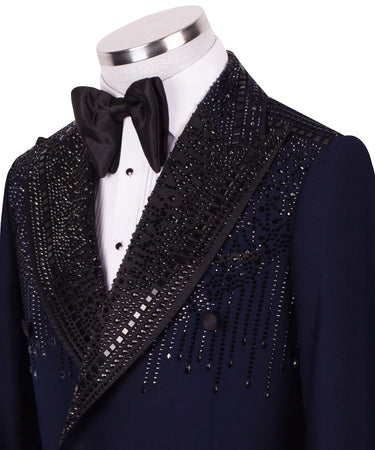 Midnight Navy & Black Crystal Silk-Satin Double-Breasted Tuxedo — Hand-Set Crystal & Silk-Satin Peak Lapel Detail | BTS Bespo