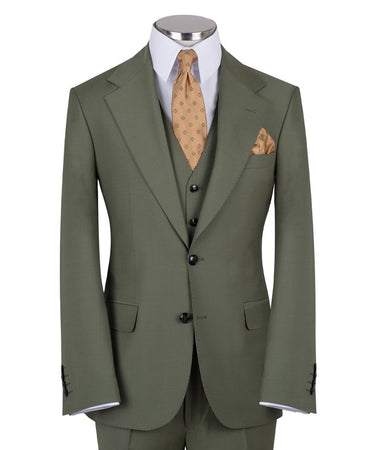 Olive green three-piece suit for men with jacket, vest, and trousers