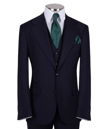 Navy blue three-piece suit for men with jacket, vest, and trousers