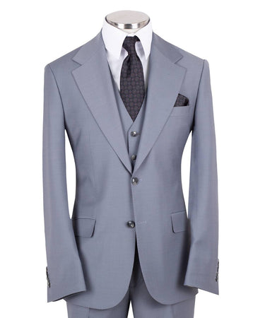 Men's light grey three-piece suit from Black Tuxedo Style, featuring a tailored jacket, vest, and trousers, perfect for weddings, engagements, and business formal events.