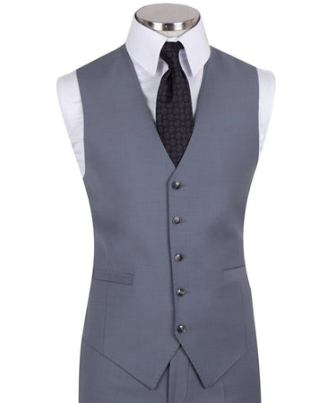 Men's light grey three-piece suit from Black Tuxedo Style, featuring a tailored jacket, vest, and trousers, perfect for weddings, engagements, and business formal events.