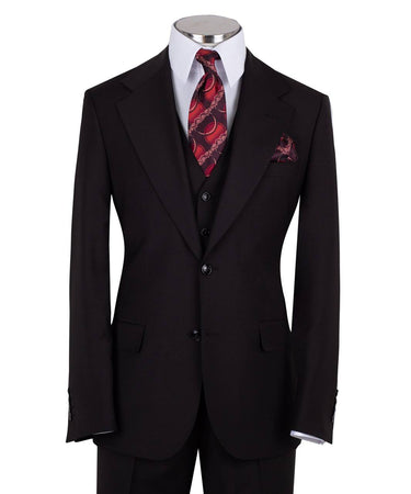 Black three-piece suit for men with jacket, vest, and trousers