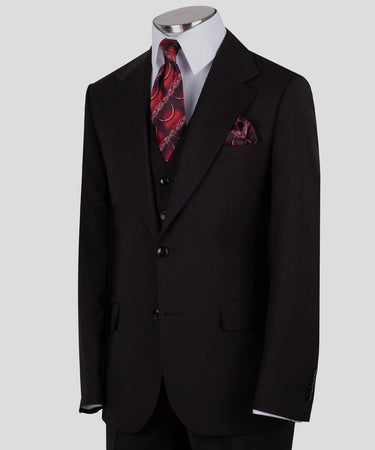 Black three-piece suit for men with jacket, vest, and trousers