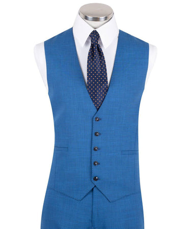 Bright blue three-piece suit for men with jacket, vest, and trousers