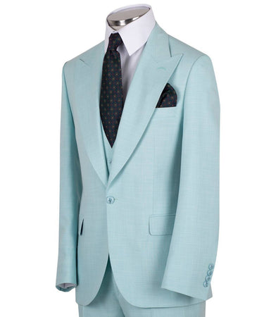 Mint green wool blend three-piece suit for men with jacket, vest, and trousers