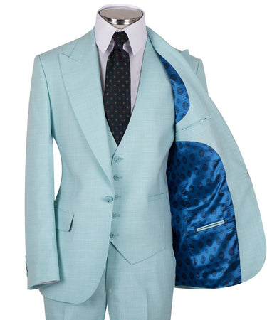 Mint green wool blend three-piece suit for men with jacket, vest, and trousers