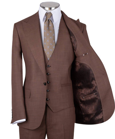 Chocolate brown wool blend three-piece suit for men with jacket, vest, and trousers