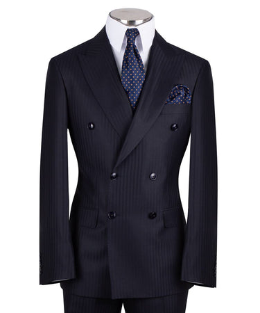 Dark navy blue wool pinstripe double-breasted suit for men with jacket and trousers