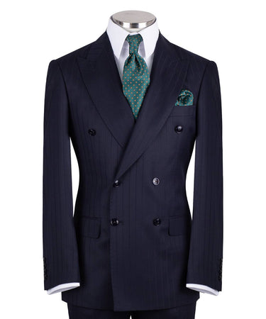 Navy blue wool pinstripe double-breasted suit for men with jacket and trousers